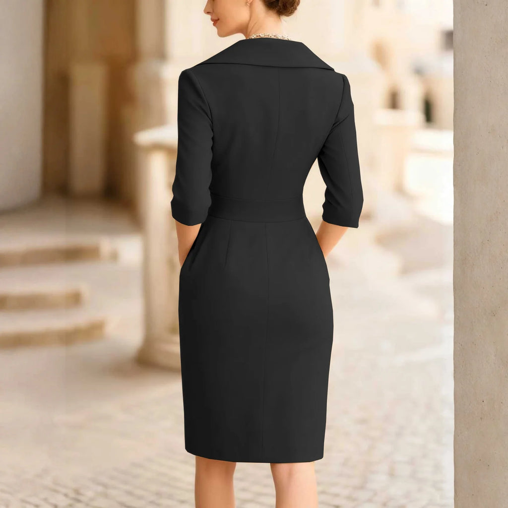 Solid V Neck Dress Slim Fit Midi@All Season Dress