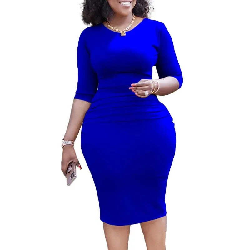 Luxe Slim Fit Midi Dress – 3/4 Sleeve O-Neck Office Dress