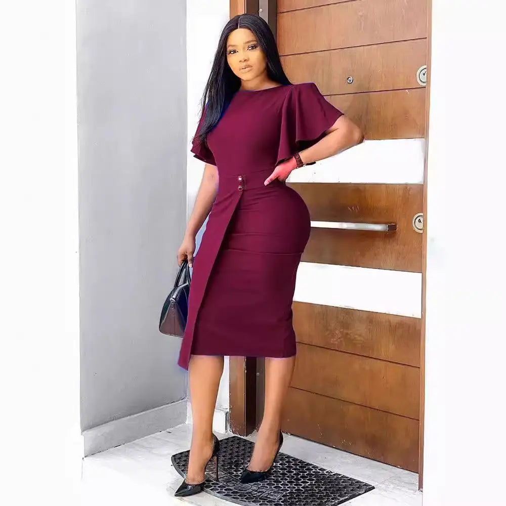 Lotus Elegance High-Waist Midi All season Dress