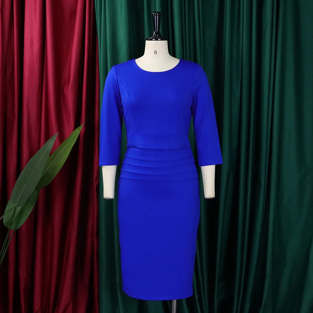 Luxe Slim Fit Midi Dress – 3/4 Sleeve O-Neck Office Dress