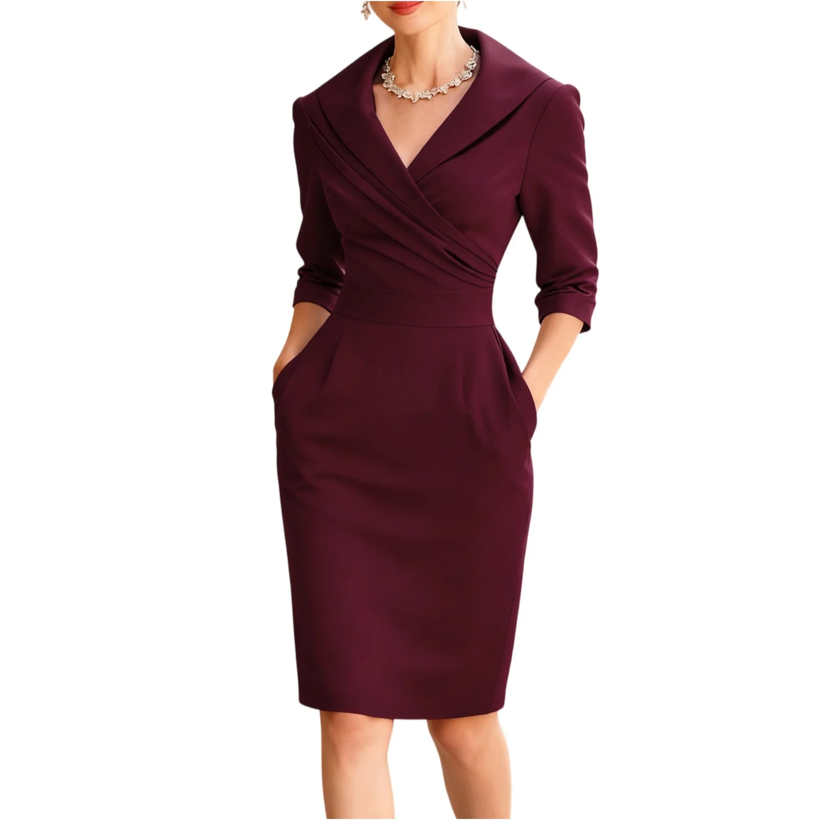 Solid V Neck Dress Slim Fit Midi@All Season Dress