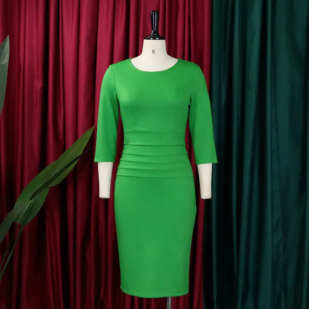 Luxe Slim Fit Midi Dress – 3/4 Sleeve O-Neck Office Dress