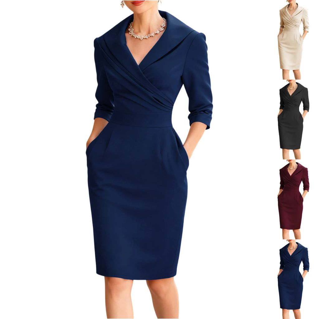 Solid V Neck Dress Slim Fit Midi@All Season Dress