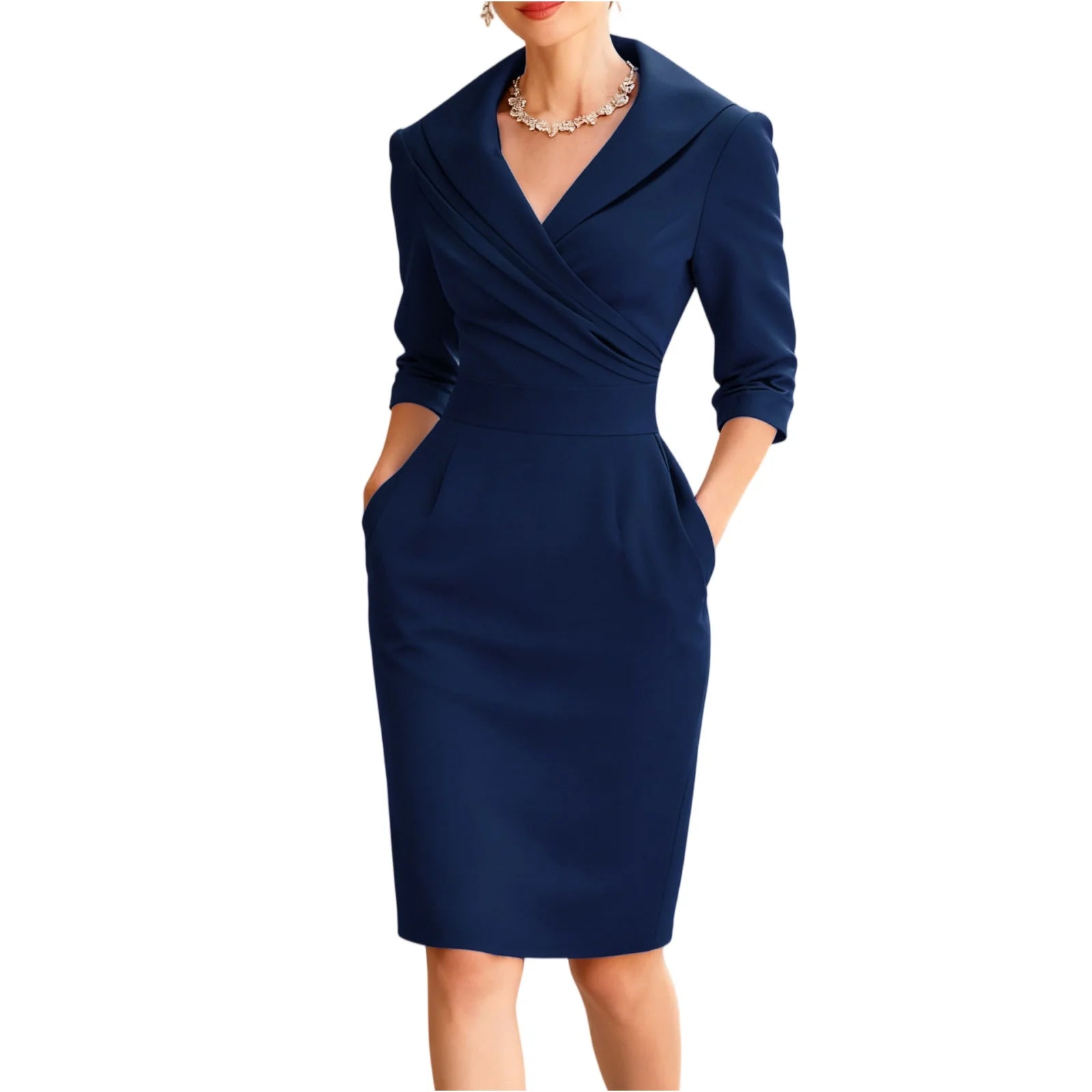 Solid V Neck Dress Slim Fit Midi@All Season Dress