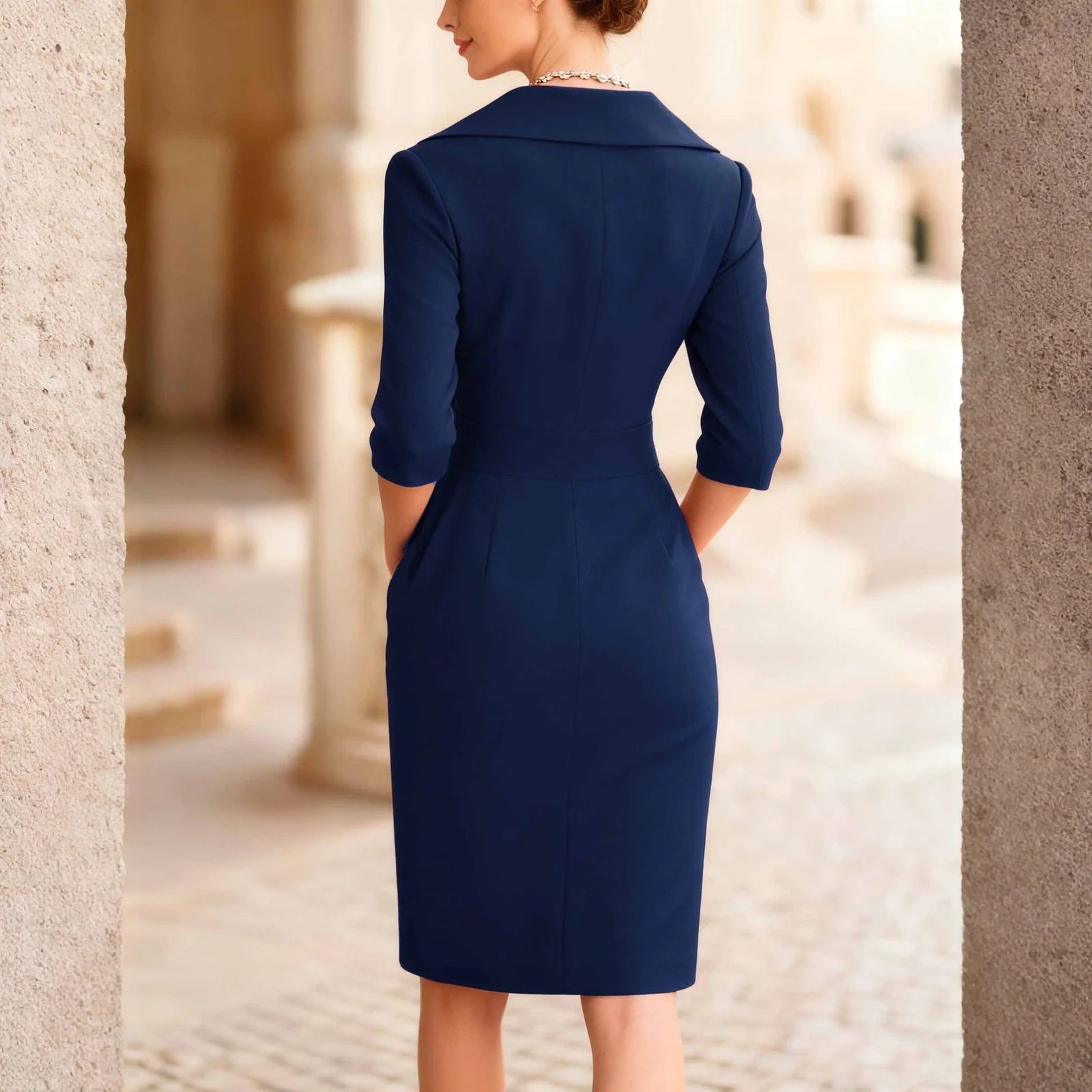 Solid V Neck Dress Slim Fit Midi@All Season Dress
