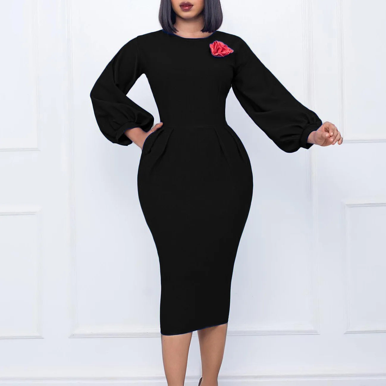 2026 Sexy Solid O Neck Long Sleeve @Lady Curvy Dress