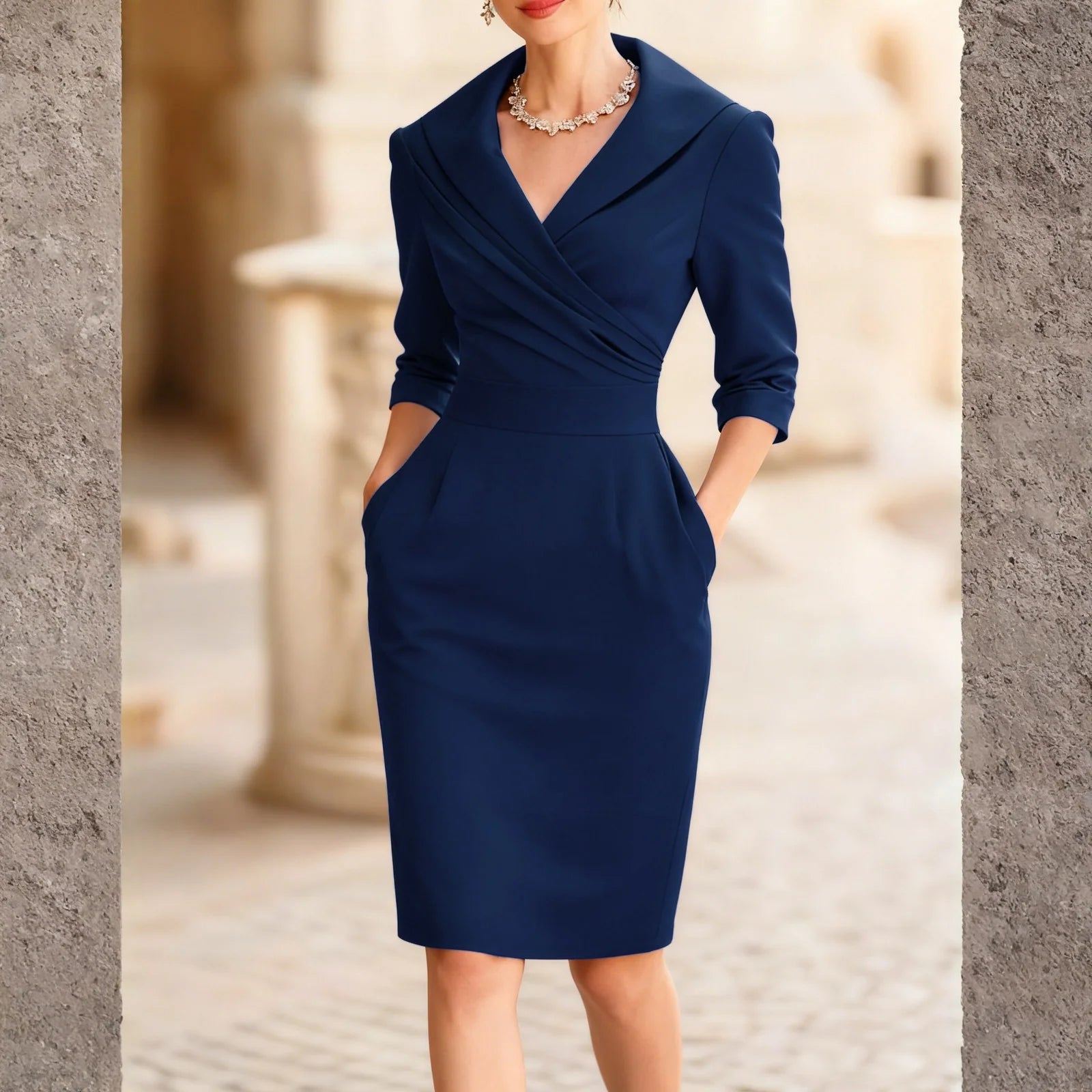 Solid V Neck Dress Slim Fit Midi@All Season Dress