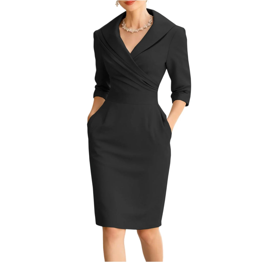Solid V Neck Dress Slim Fit Midi@All Season Dress